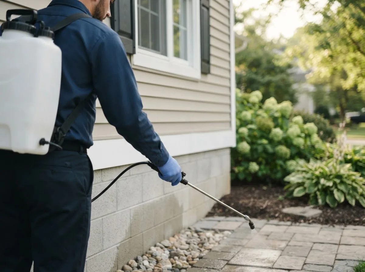 Pest control technician inspecting a home in Muskegon Heights, MI